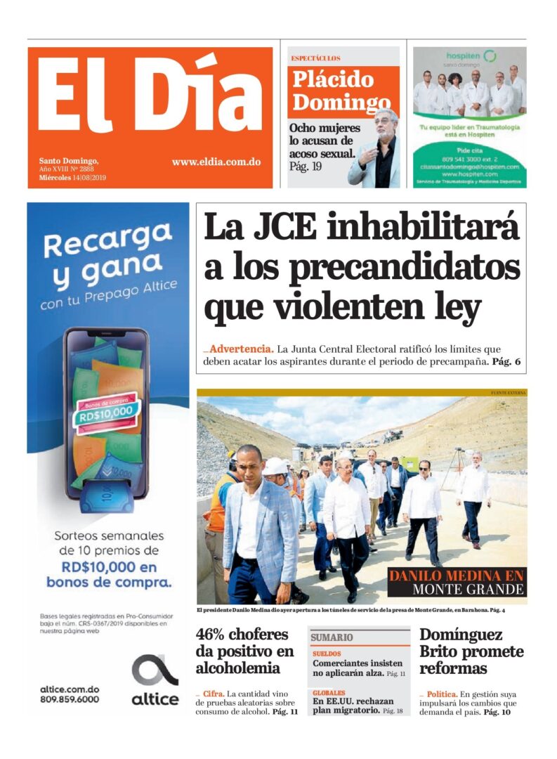 Portada Periódico El Día, Miércoles 14 de Agosto, 2019