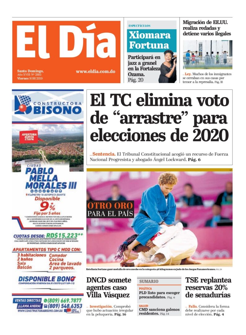 Portada Periódico El Día, Viernes 09 de Agosto, 2019