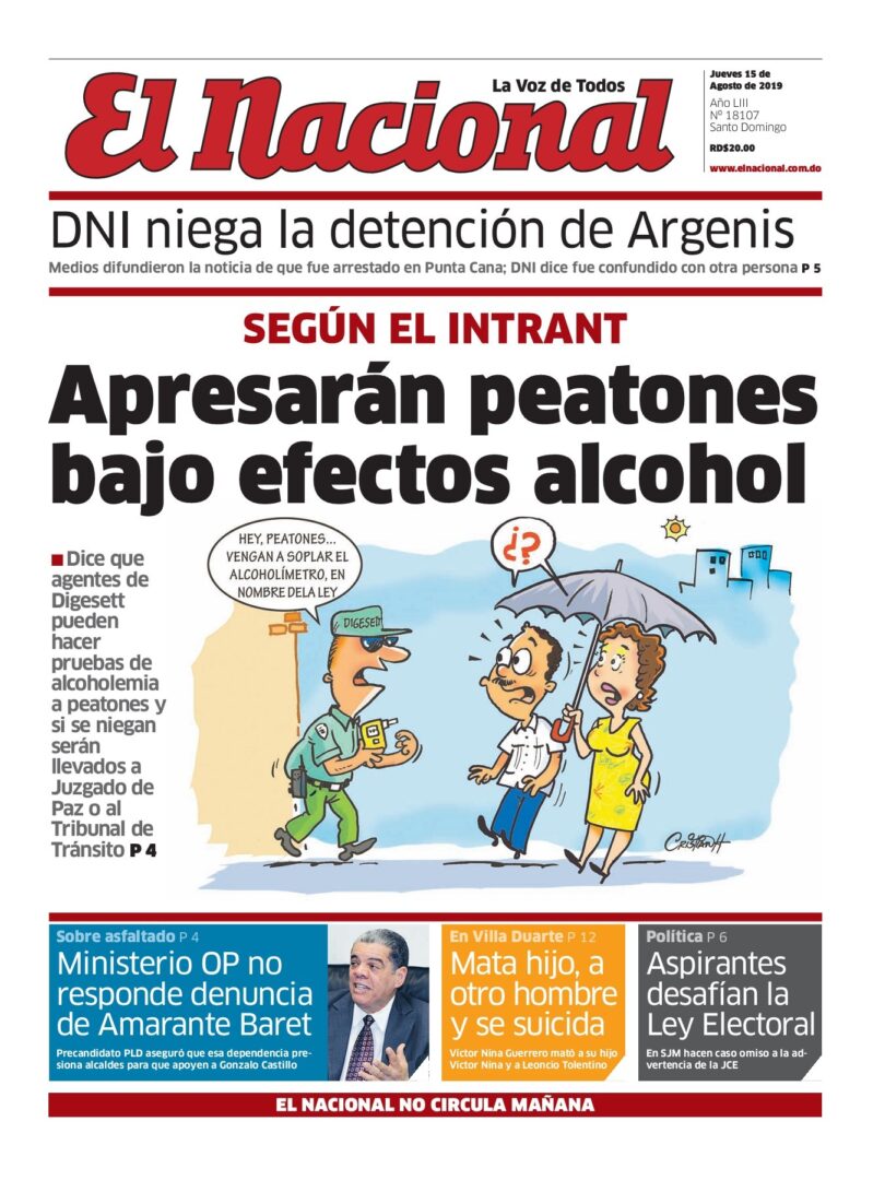 Portada Periódico El Nacional, Jueves 15 de Agosto, 2019