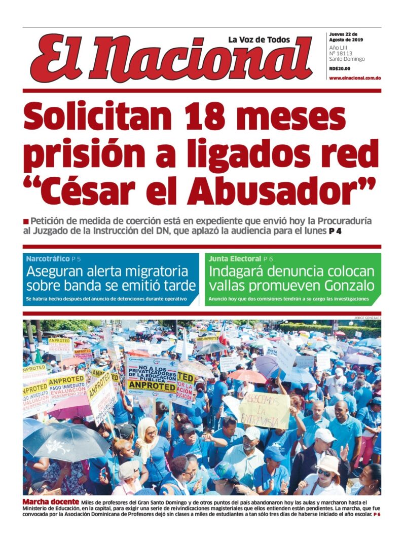 Portada Periódico El Nacional, Jueves 22 de Agosto, 2019