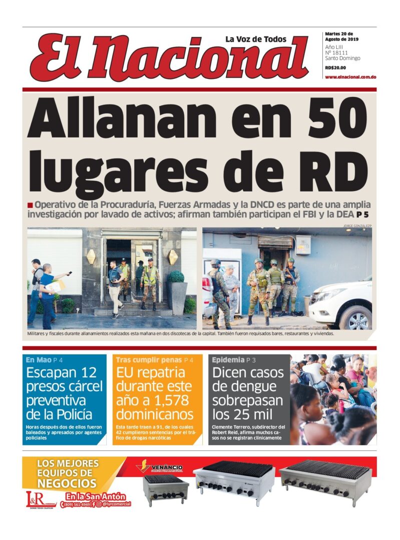 Portada Periódico El Nacional, Martes 20 de Agosto, 2019