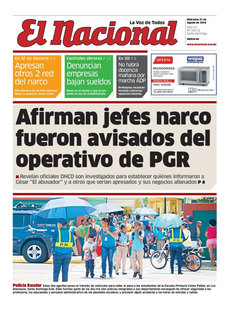Portada Periódico El Nacional, Miércoles 21 de Agosto, 2019