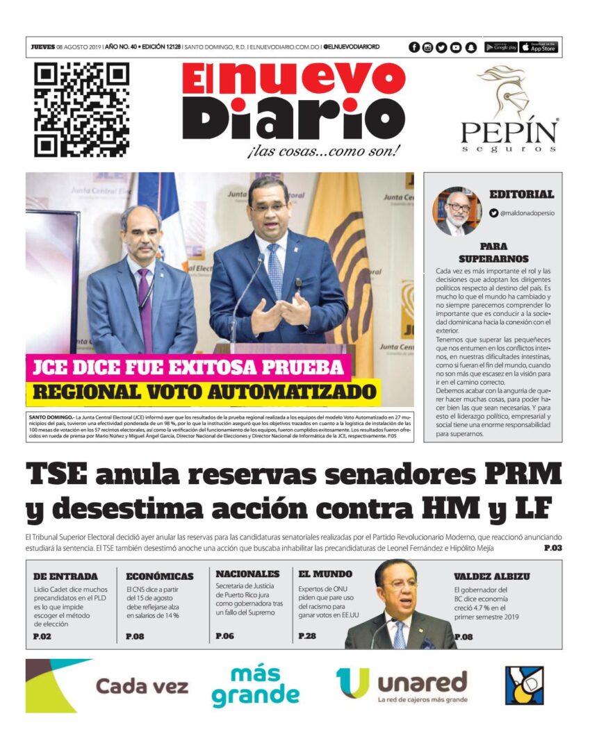Portada Periódico El Nuevo Diario, Jueves 08 de Agosto, 2019