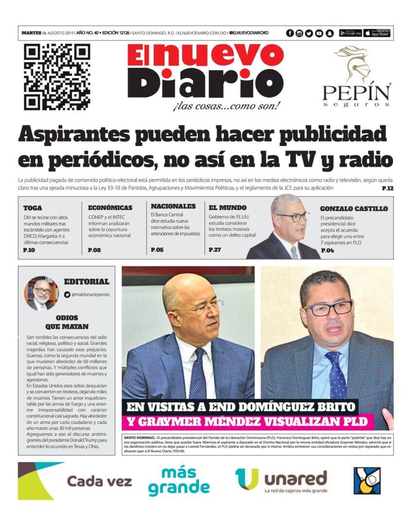Portada Periódico El Nuevo Diario, Martes 06 de Agosto, 2019