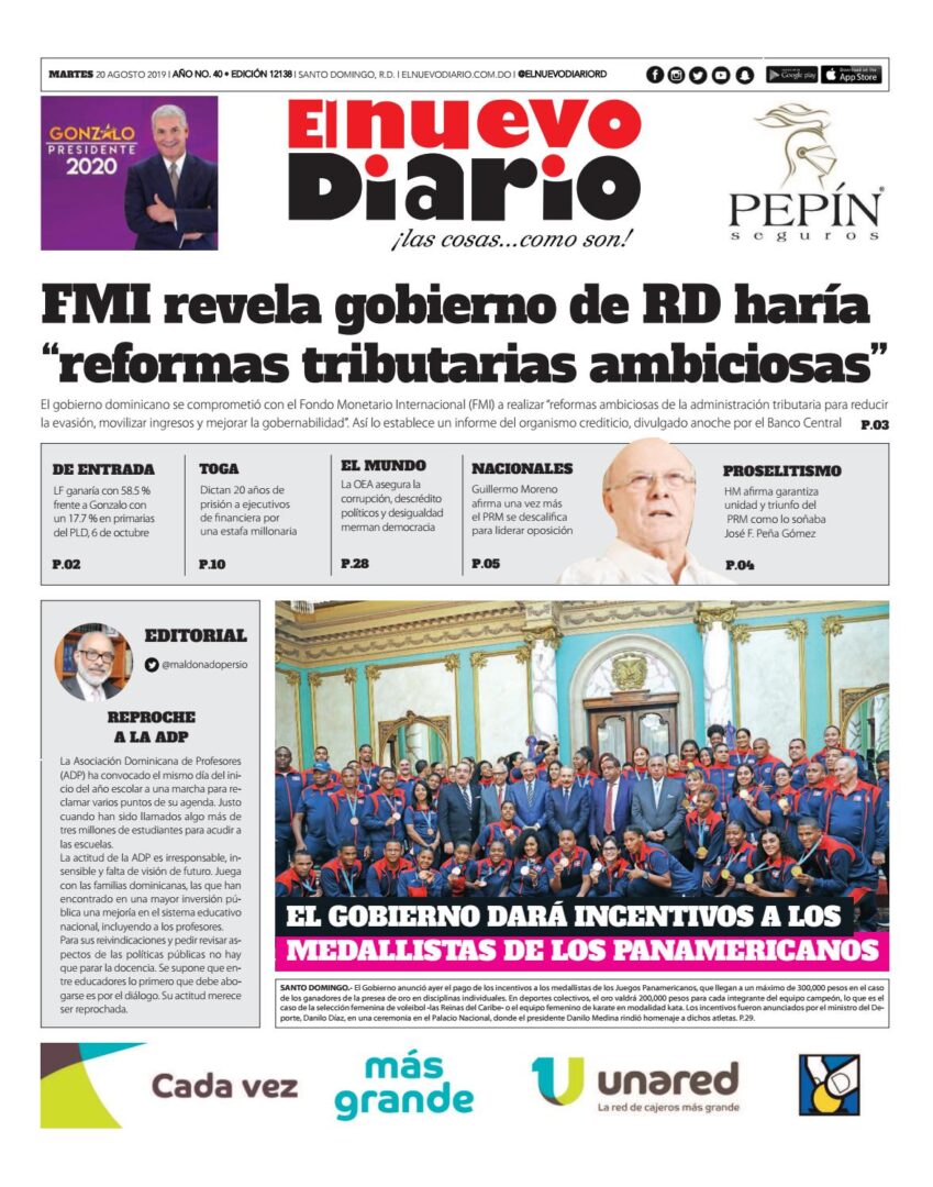 Portada Periódico El Nuevo Diario, Martes 20 de Agosto, 2019