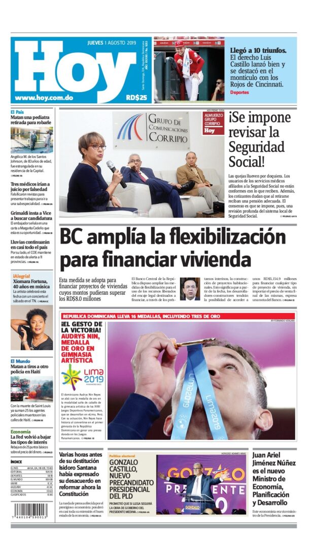 Portada Periódico Hoy, Jueves 01 de Agosto, 2019