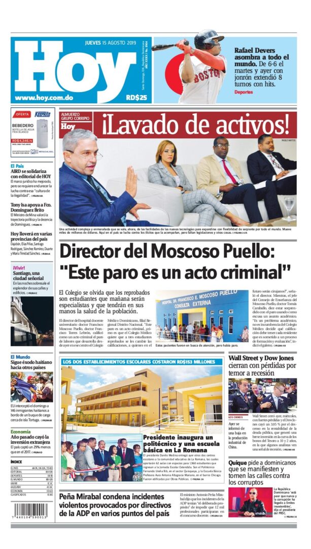 Portada Periódico Hoy, Jueves 15 de Agosto, 2019