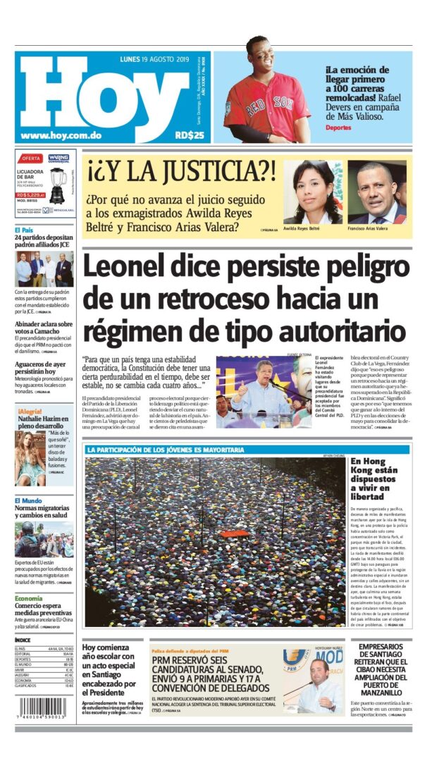 Portada Periódico Hoy, Lunes 19 de Agosto, 2019