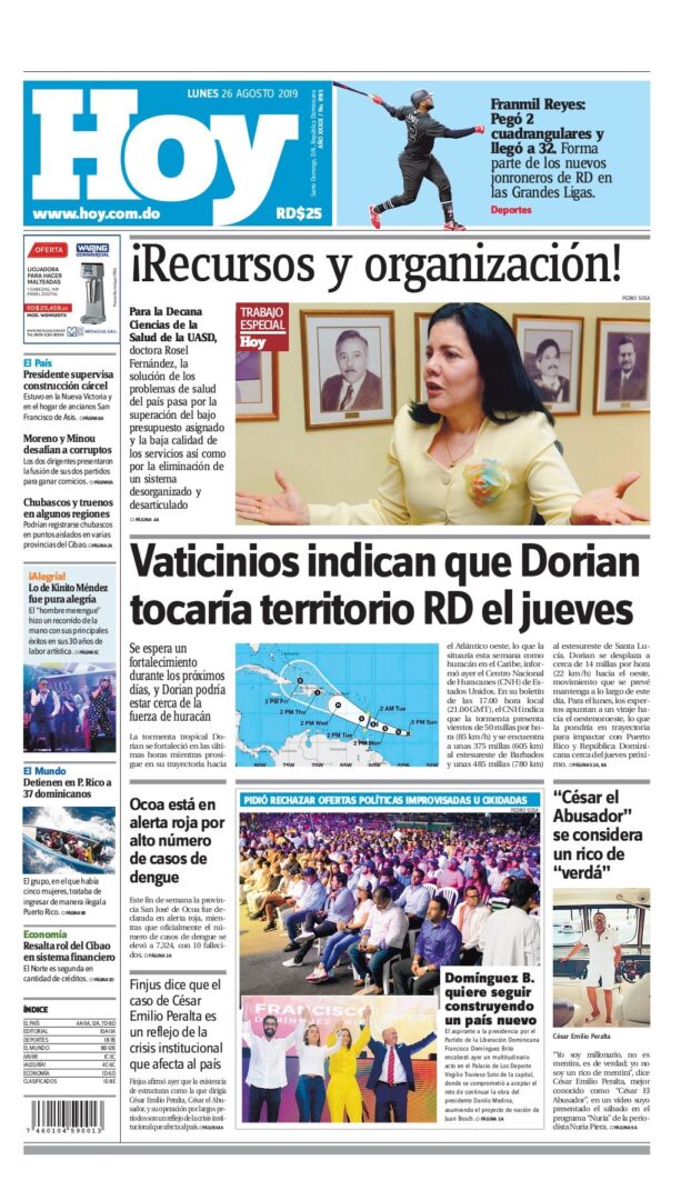 Portada Periódico Hoy, Lunes 26 de Agosto, 2019