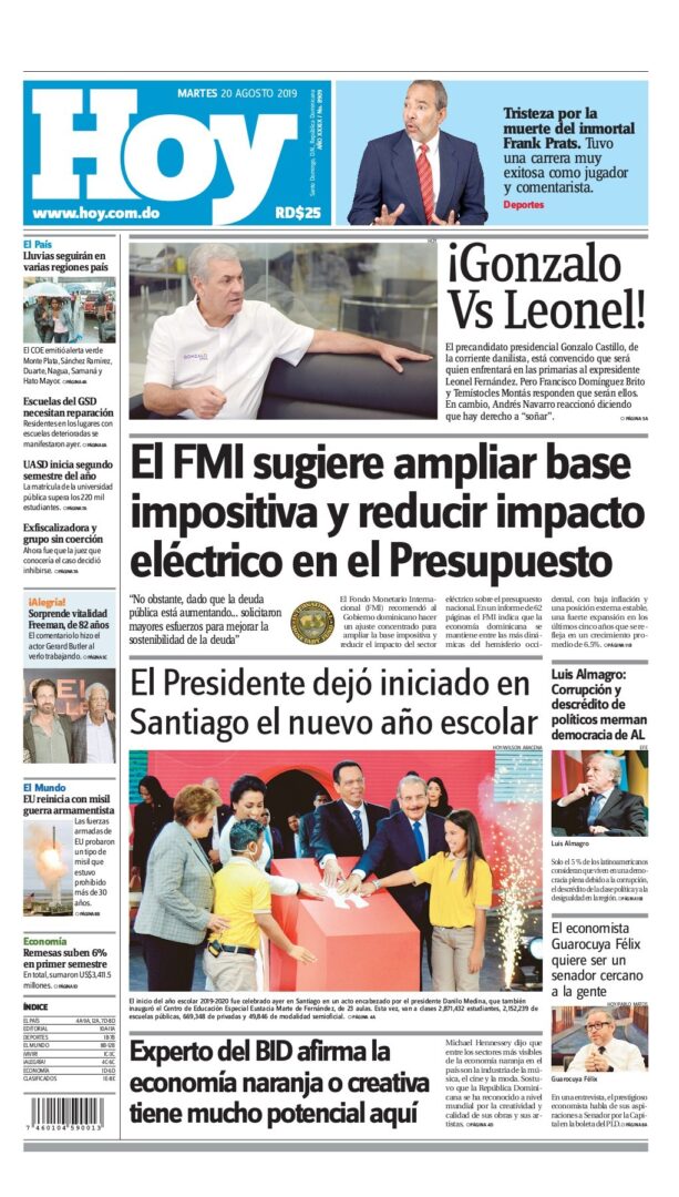Portada Periódico Hoy, Martes 20 de Agosto, 2019