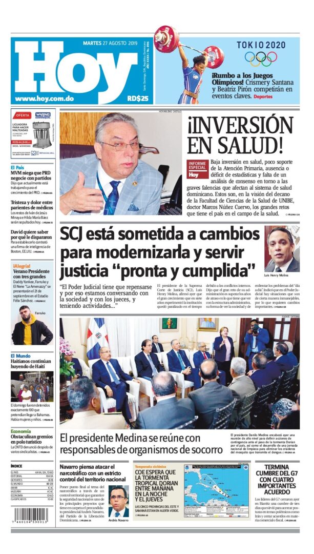 Portada Periódico Hoy, Martes 27 de Agosto, 2019