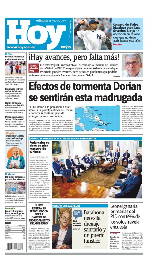 Portada Periódico Hoy, Miércoles 28 de Agosto, 2019
