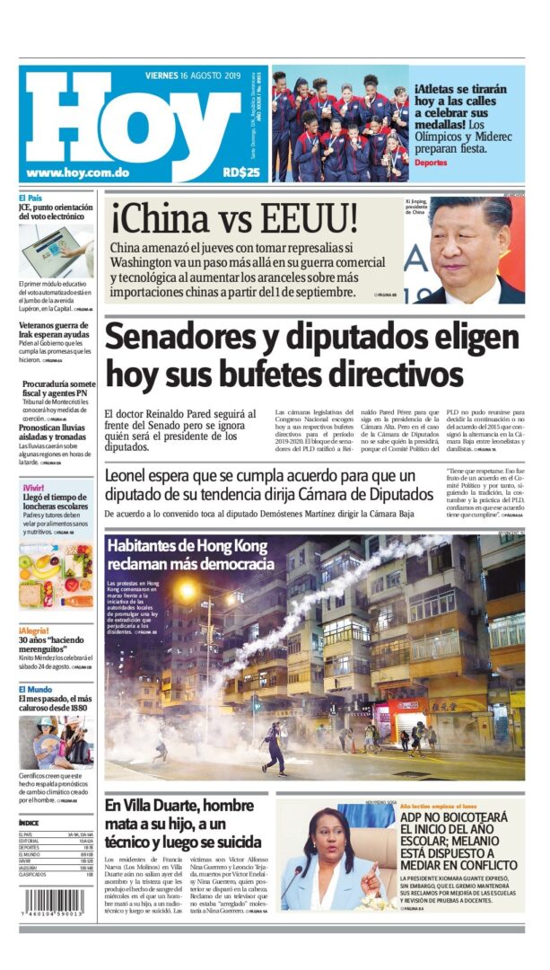 Portada Periódico Hoy, Viernes 16 de Agosto, 2019