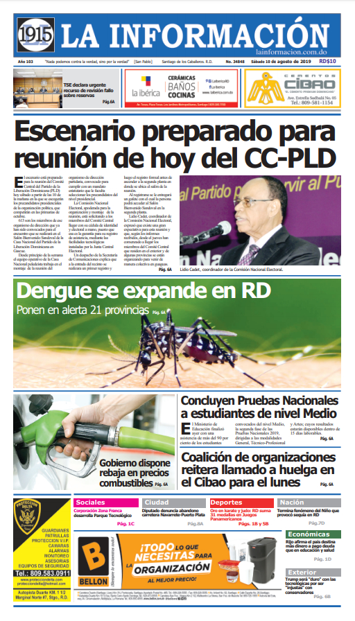 Portada Periódico La Información, Domingo 11 de Agosto, 2019