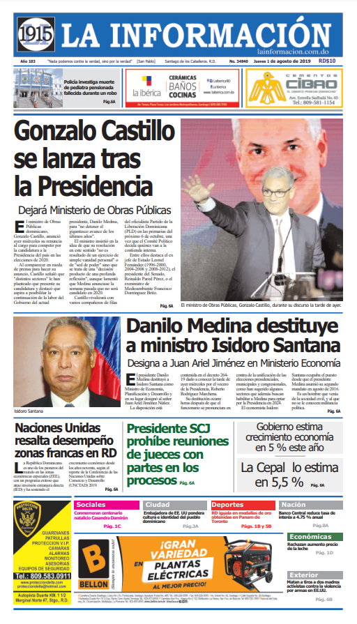 Portada Periódico La Información, Jueves 01 de Agosto, 2019