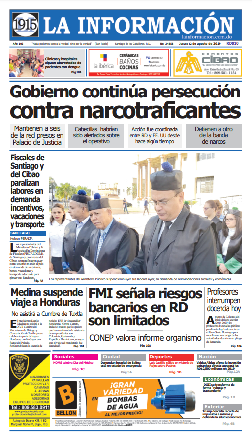 Portada Periódico La Información, Jueves 22 de Agosto, 2019