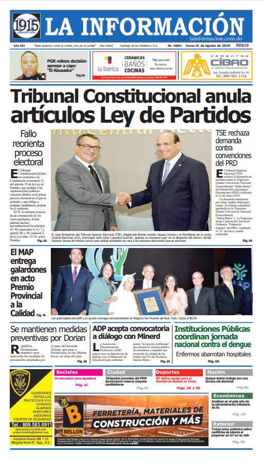 Portada Periódico La Información, Jueves 29 de Agosto, 2019