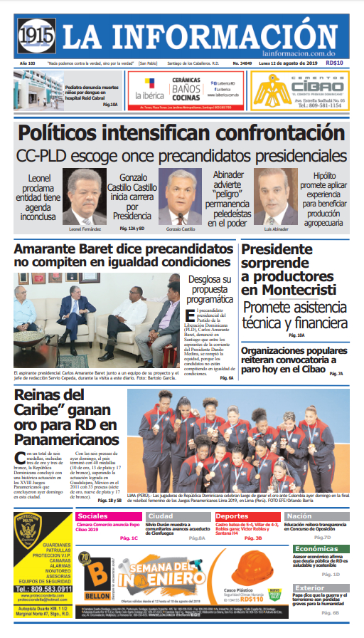 Portada Periódico La Información, Lunes 12 de Agosto, 2019