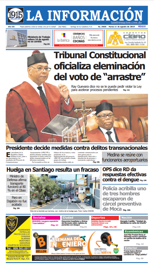 Portada Periódico La Información, Martes 13 de Agosto, 2019