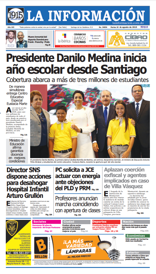 Portada Periódico La Información, Martes 20 de Agosto, 2019