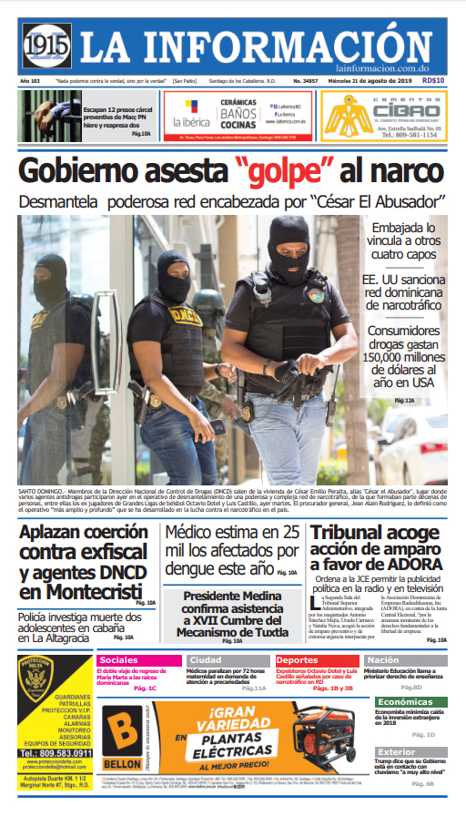 Portada Periódico La Información, Miércoles 21 de Agosto, 2019