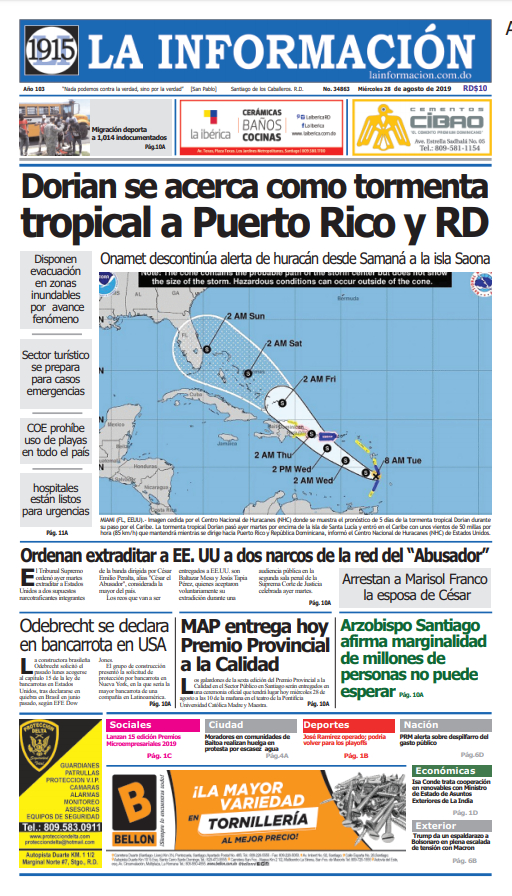 Portada Periódico La Información, Miércoles 28 de Agosto, 2019