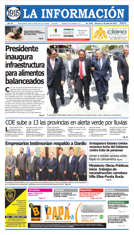 Portada Periódico La Información, Miércoles 31 de Julio, 2019