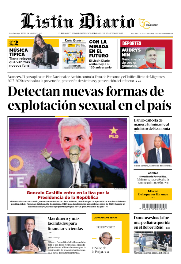 Portada Periódico Listín Diario, Jueves 01 de Agosto, 2019