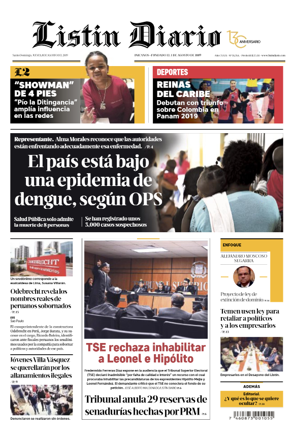 Portada Periódico Listín Diario, Jueves 08 de Agosto, 2019