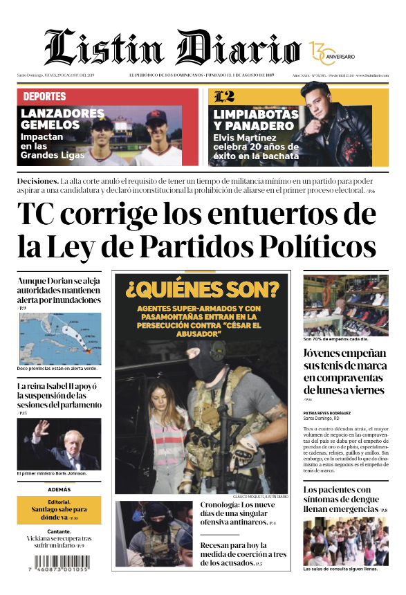 Portada Periódico Listín Diario, Jueves 29 de Agosto, 2019