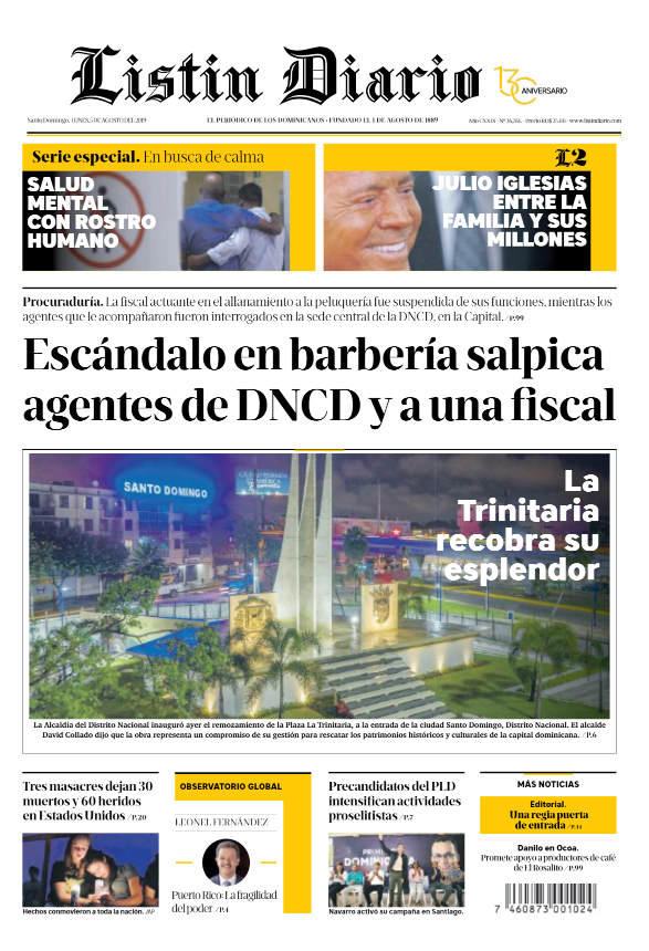 Portada Periódico Listín Diario, Lunes 05 de Agosto, 2019