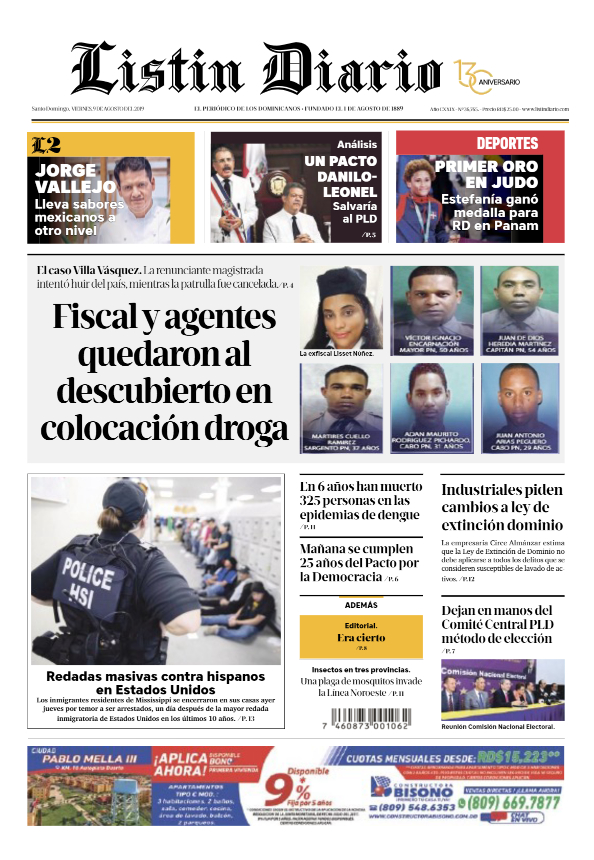 Portada Periódico Listín Diario, Viernes 09 de Agosto, 2019