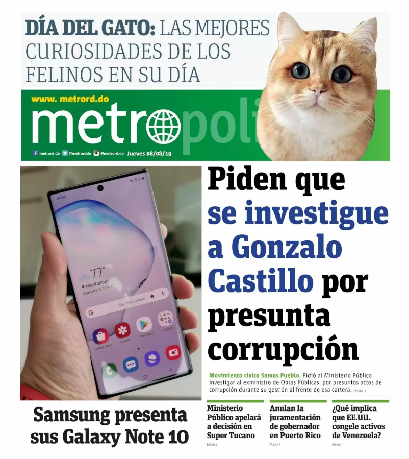Portada Periódico Metro, Jueves 08 de Agosto, 2019