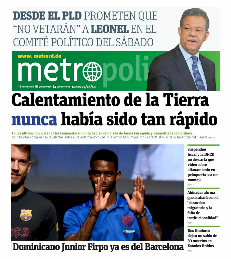 Portada Periódico Metro, Lunes 05 de Agosto, 2019