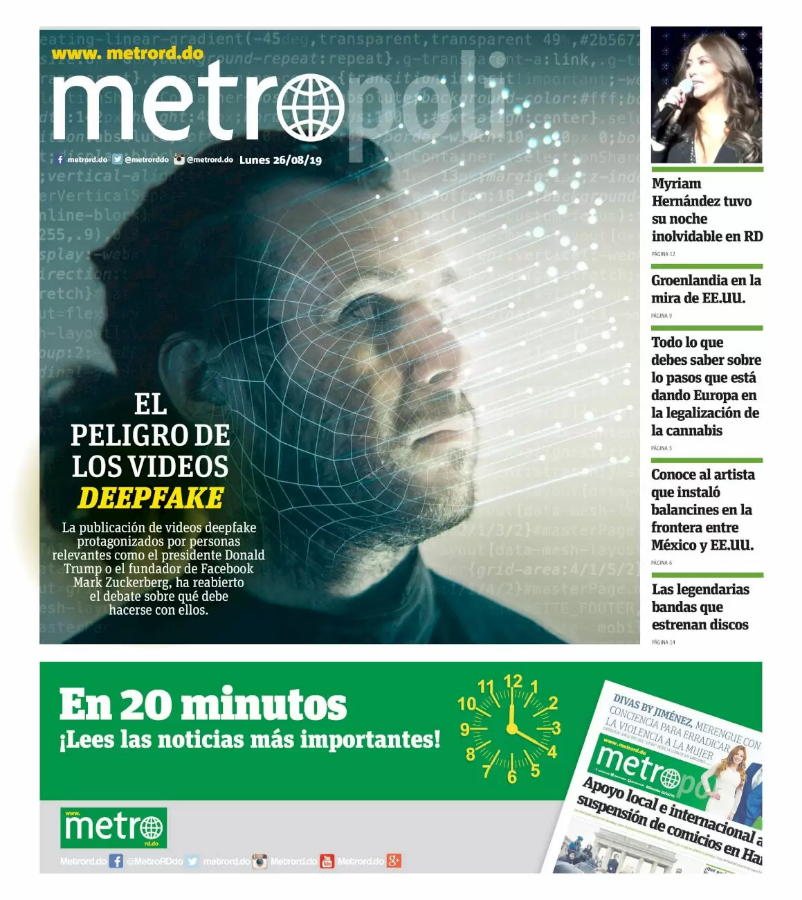 Portada Periódico Metro, Lunes 26 de Agosto, 2019