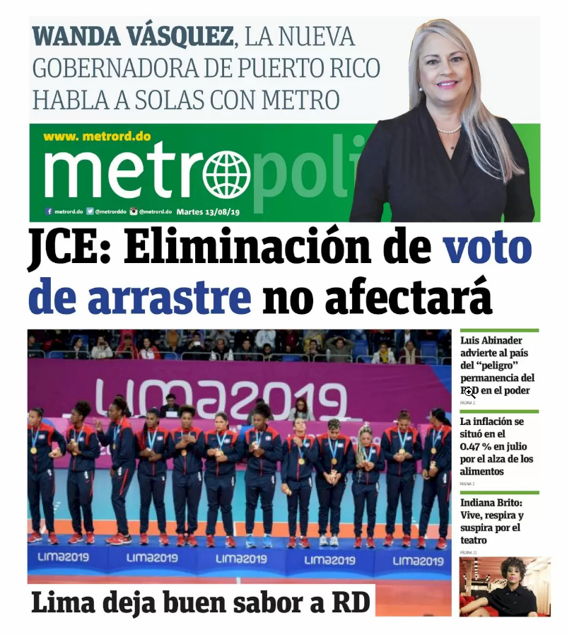 Portada Periódico Metro, Martes 13 de Agosto, 2019