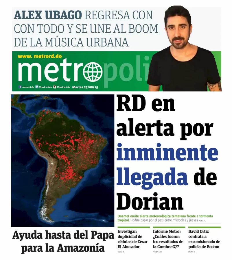 Portada Periódico Metro, Martes 27 de Agosto, 2019