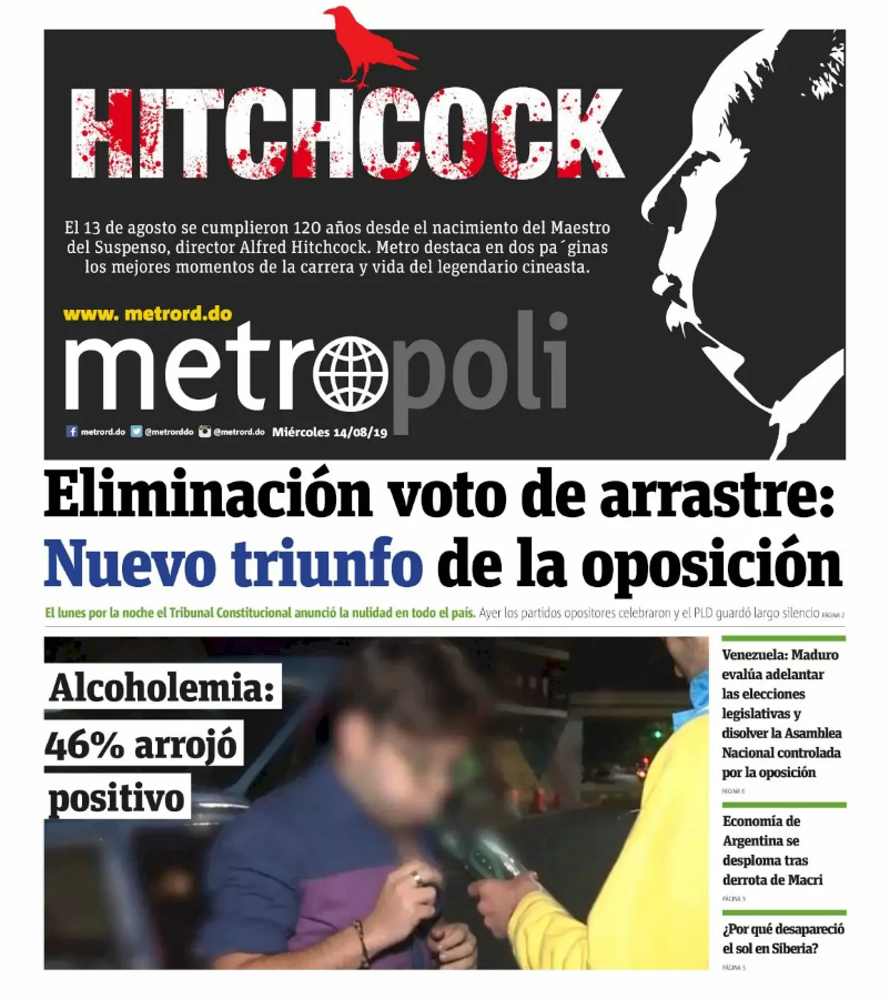 Portada Periódico Metro, Miércoles 14 de Agosto, 2019