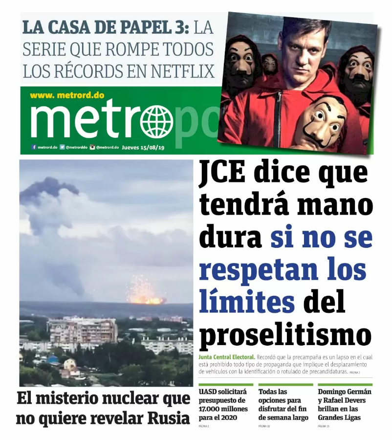 Portada Periódico Metro, Viernes 16 de Agosto, 2019