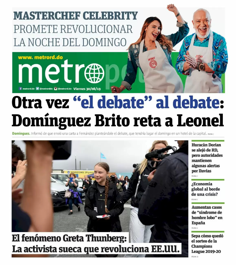 Portada Periódico Metro, Viernes 30 de Agosto, 2019