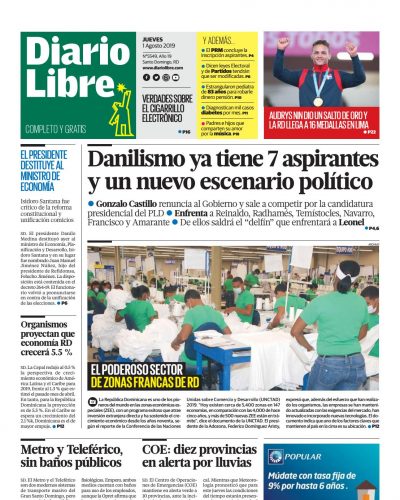 Portada Periódico Diario Libre, Jueves 01 de Agosto, 2019
