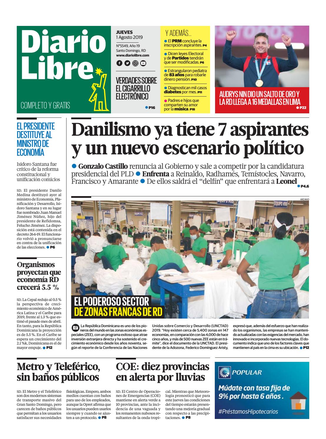 Portada Periódico Diario Libre, Jueves 01 de Agosto, 2019