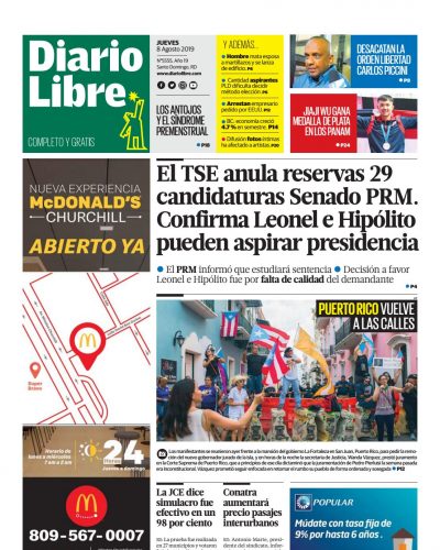Portada Periódico Diario Libre, Jueves 08 de Agosto, 2019