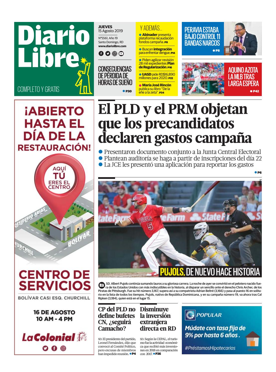 Portada Periódico Diario Libre, Jueves 15 de Agosto, 2019