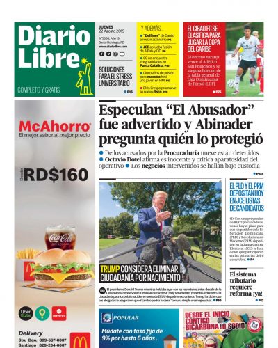 Portada Periódico Diario Libre, Jueves 22 de Agosto, 2019