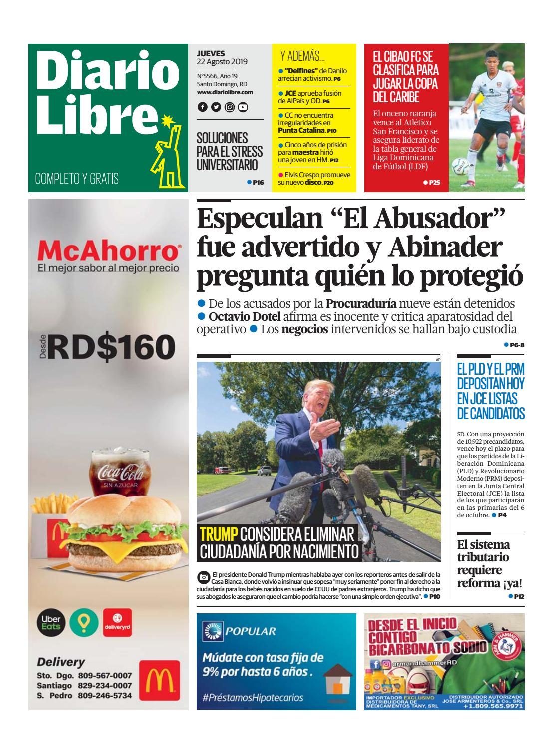 Portada Periódico Diario Libre, Jueves 22 de Agosto, 2019
