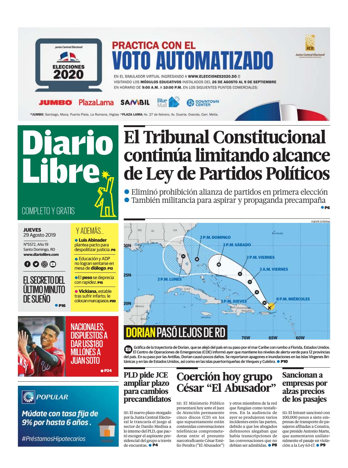 Portada Periódico Diario Libre, Jueves 29 de Agosto, 2019