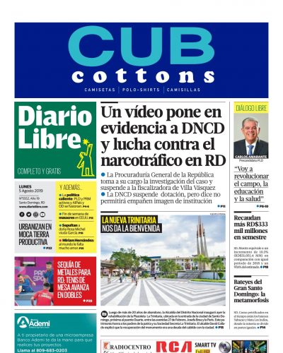 Portada Periódico Diario Libre, Lunes 05 de Agosto, 2019