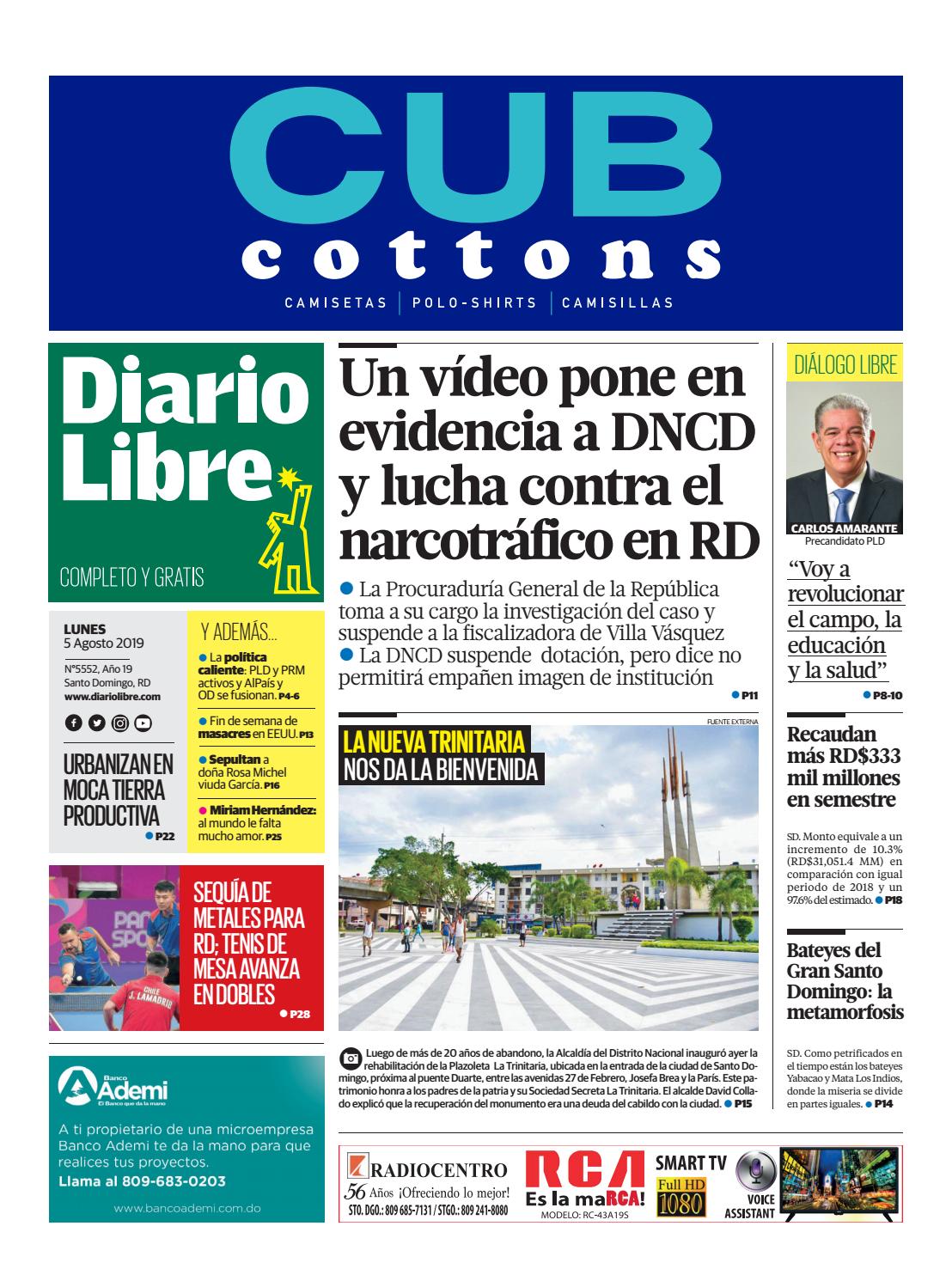Portada Periódico Diario Libre, Lunes 05 de Agosto, 2019