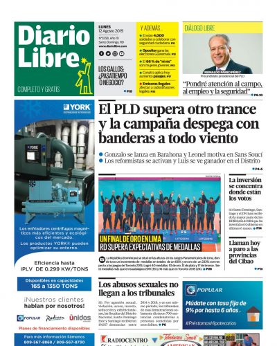 Portada Periódico Diario Libre, Lunes 12 de Agosto, 2019